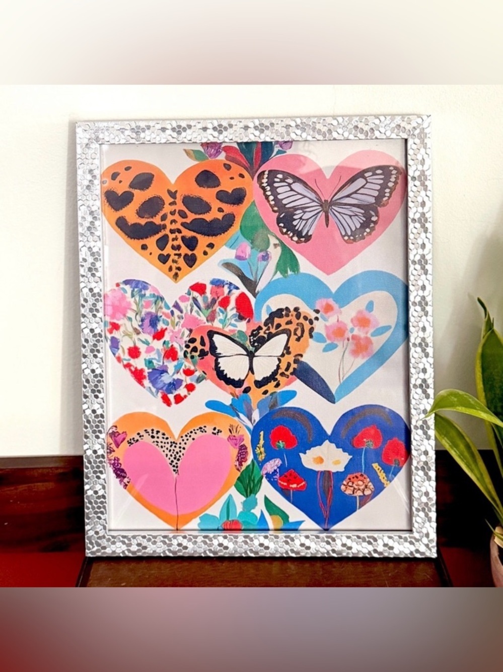 Heart Floral Butterfly Maximalist Canvas Art Print Silver Framed Wall Hang Art